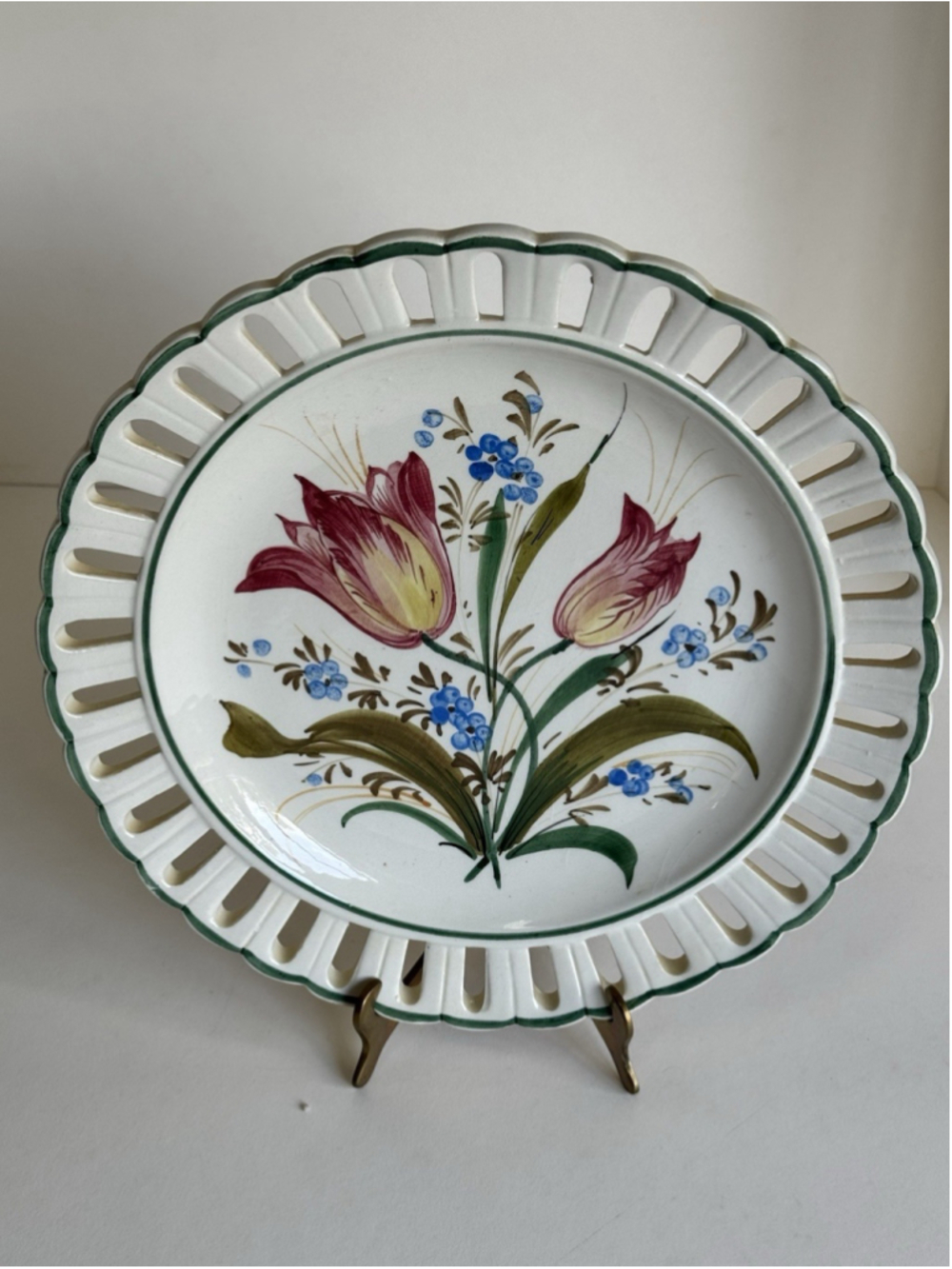 Vintage Nora Fenton Italy Hand Painted Floral Plate Open Lattice Rim